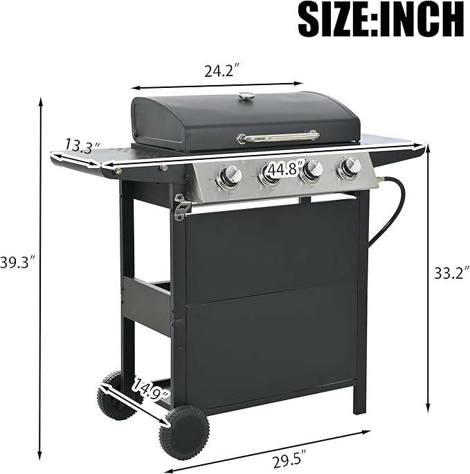 Propane Gas Grill 4 Burner Barbecue Grill, Stainless Steel 34,000 BTU Patio Garden Barbecue Grill with Two Shelves, Lid, Wheels and Bottle Opener