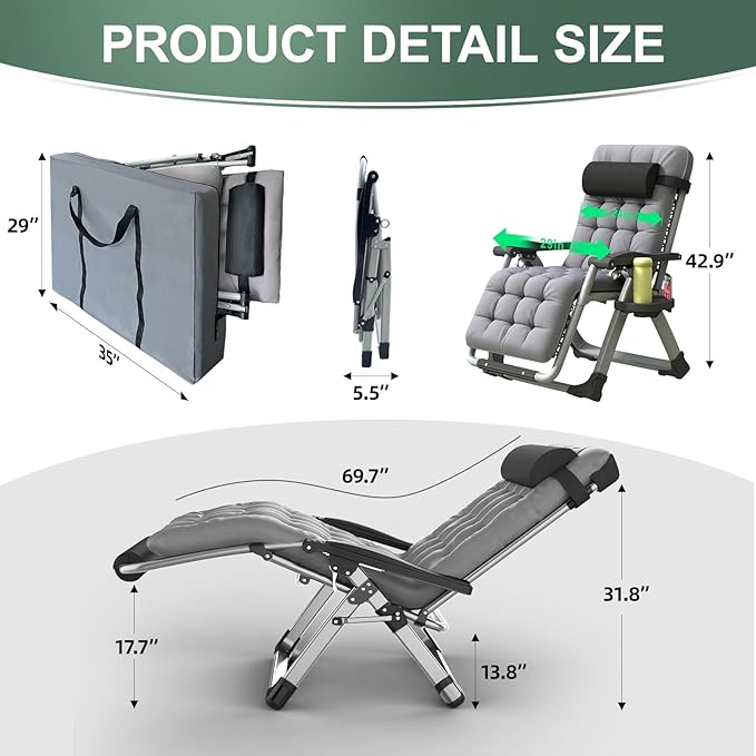 XL Zero Gravity Lounge Chair 29", Oversized Padded Folding Recliner for Patio with Storage Bag, Removable Cushion, Footrest, Full Aluminum Lock & Large Cup Holder, Supports 450 lbs, Grey
