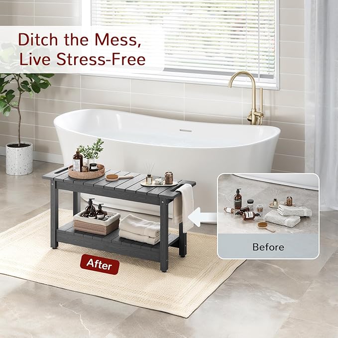 Stoog 35.5" Large Shower Bench, Waterproof Shower Stool with Storage Shelf and Handles, Adjustable and Non-Slip Feet, Shower Chair for Inside Shower, Grey