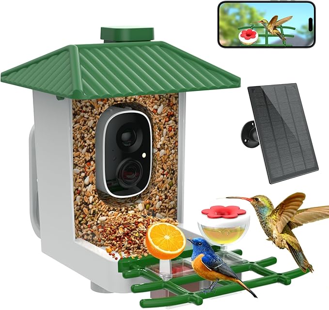Smart Bird Feeder with Camera Solar Powered, 2K HD WiFi Live View Bird Feeders for Outdoors, AI Birds Recognition & Instant Alerts,Weatherproof Design – Best Gift for BirdLovers & Garden Birdwatching