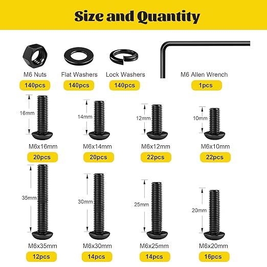 560PCS M6 Hex Socket Button Head Bolt Assortment Kit, M6-1.0x10/12/14/16/20/25/30/35 mm Button Head Cap Bolts Nuts Washers Screws Assorted Set, Grade 12.9 Alloy Steel Black Zinc Plated