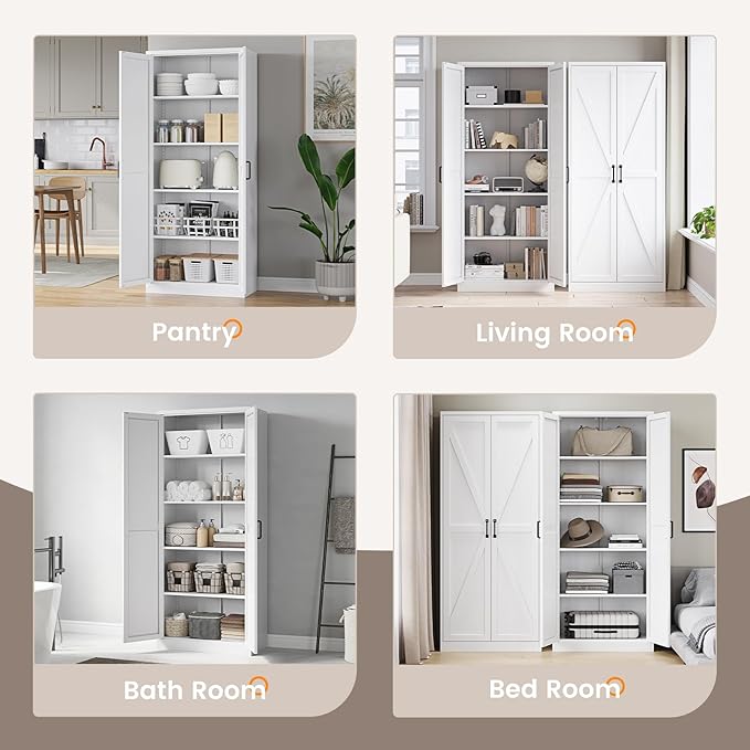 Yizosh Metal Storage Cabinet with Doors and 4 Adjustable Shelves - 75" White Kitchen Pantry Storage,4-Tier Tall Steel Cabinet Locker for Kitchen,Living Room,Dining Room