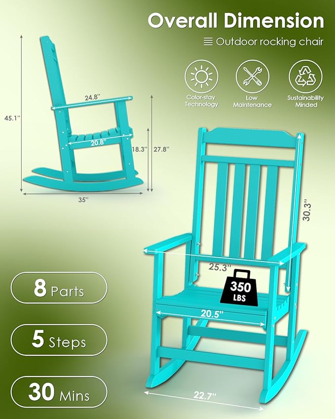 GREENVINES Outdoor-Rocking-Chairs-Set-of-4 | HDPE Plastic | Patio Rockers | Porch Rocker Chair | Oversized | High Back | Big & Tall | Aqua