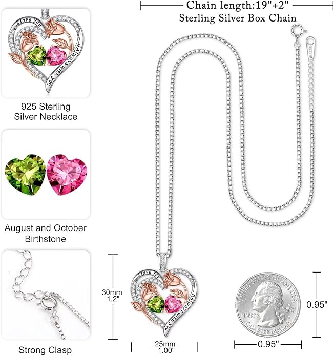 Iefil Christmas Gifts for Women Wife - 925 Sterling Silver Rose Heart Birthstone Necklace Birthday Anniversary Jewelry Gifts for Her Wife Mom Daughter