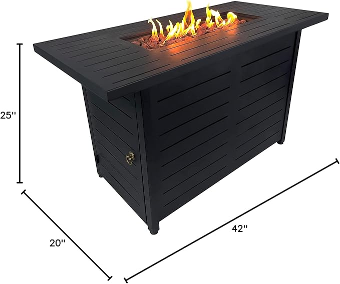 Kinger Home 42-Inch Ore Outdoor Propane Fire Pit Table 50000 BTU, CSA Certified, Powder-Coated Stainless Steel Patio Firepit with Lava Rocks, Black