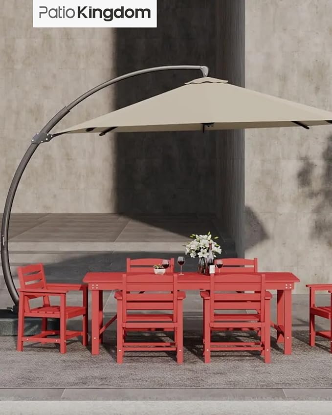 7-Piece Red HDPE Patio Table and Chairs Set, Weather Resistant Outdoor HDPE Dining Table Sets with Umbrella Hole for Lawn, Garden, Deck, Poolside, Balcony