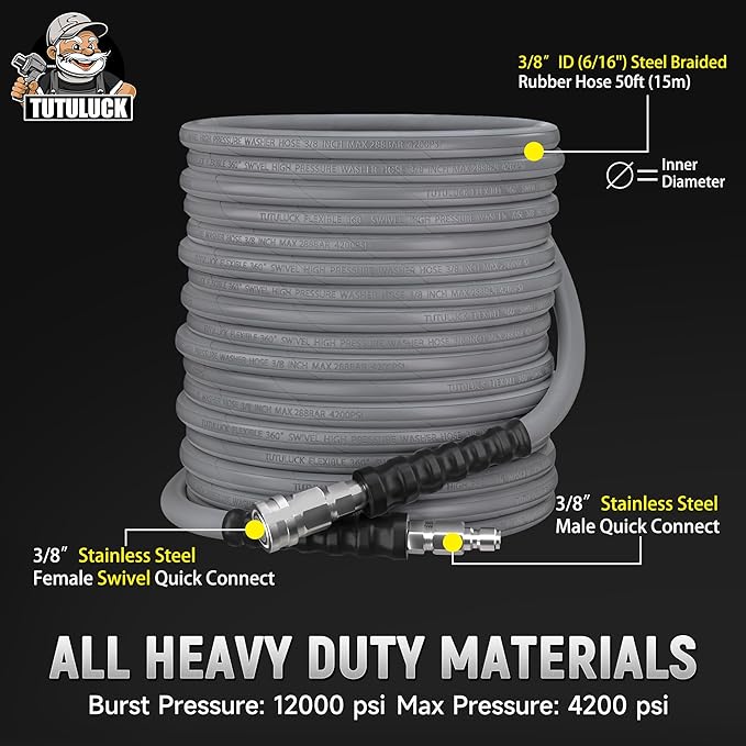 3/8" Kink Resistant Pressure Washer Hose 100FT, Swivel 3/8" Quick Connector and M22 Fitting, Supporting Up to 4200 PSI for Heavy Duty Use, Fitting Most Pressure Washers
