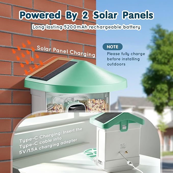 VEVOR Smart Bird Feeder with Camera, Solar Powered Bird House Camera with 2 Solar Panels, Wireless Video Birdfeeder with AI Identify, Auto Detect & Notify and 2K Full HD, Ideal Gift for Bird Lover
