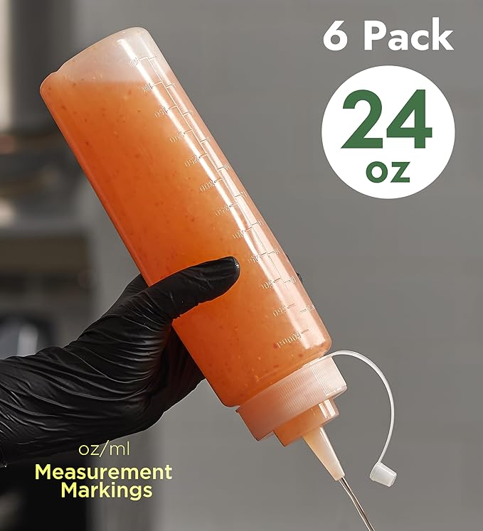 CURTA 6-Pack 24 oz Clear Squeeze Bottle with Cap, BPA-Free Easy-to-Squeeze Plastic Condiment Dispenser with oz & ml Markings for Sauce, Oil, Dressing, Dishwasher Safe, White