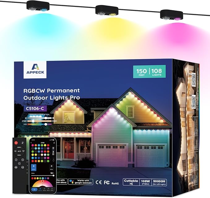 APPECK Permanent Outdoor Lights Pro 150ft, 108W RGBCW Eaves Light with 108 LED Lights, 80lm, Cuttable, 111 Scene Modes, IP67 Waterproof Lighting for Halloween Decoration, Compatible with Alexa, Black