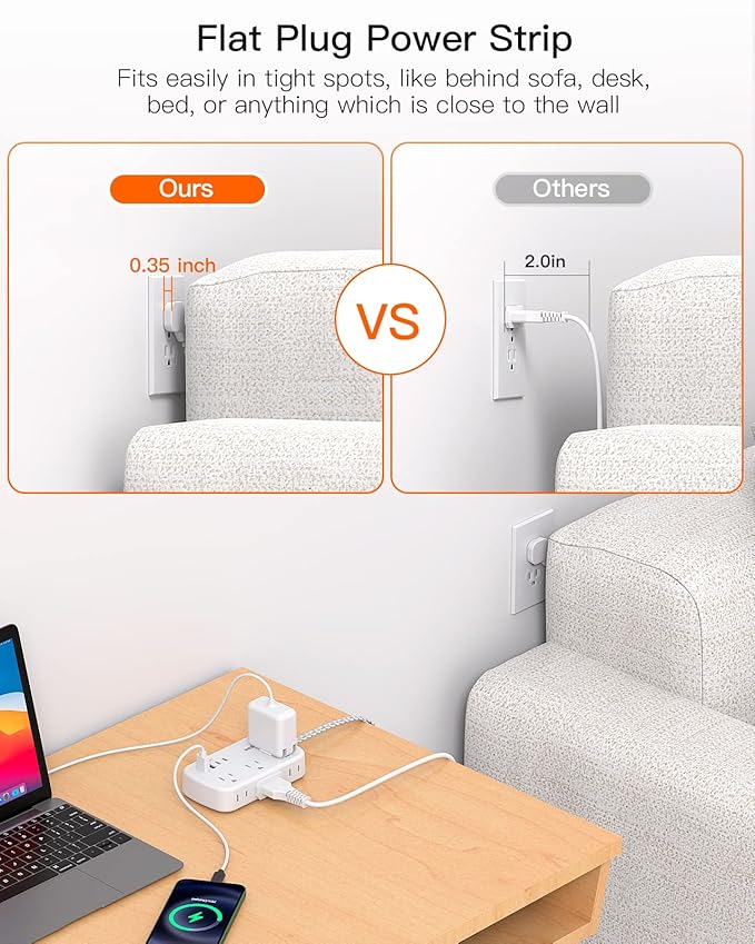 Extension Cord 20 Ft, Flat Plug Power Strip with 6 Outlets with 4 USB Ports(2 USB C), Wall Mount Charging Station, No Surge Protector for Home Office College Dorm Room Travel Essentials