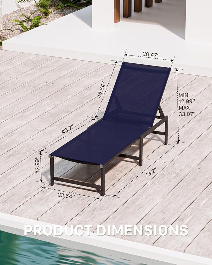 Chaise Lounge Chair Outdoor,Aluminum Patio Lounge Chairs Set of 2,Pool Lounge Chairs with 5 Adjustable Backrest and Headrest Pillows for Outside Beach，NavyBlue