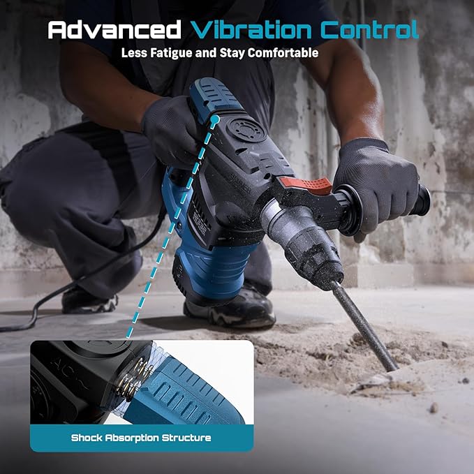 Seesii Heavy Duty Rotary Hammer: 13 Amp 1-1/4" SDS-Plus Demolition Hammer Drill for Concrete, Brick & Stone, 6J Power with 4 Functions, Safety Clutch & Anti-Vibration, Drill Bits and Chisels Included