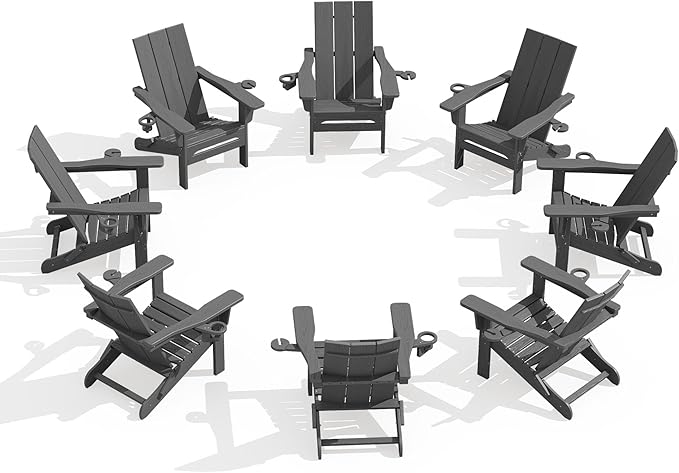 SERWALL Outdoor HDPE Adirondack Chair Set 8, Modern Folding Adirondack Chair with Cup Holders, Weather Resistant Fire Pit Chairs, Gray