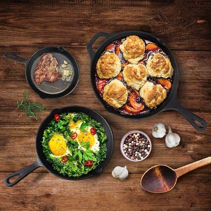 Suteck Cast Iron Skillet Set 3 piece | 6", 8" & 10" Pre-Seasoned Cast Iron Pans with 3 Silicone Heat-Resistant Holders - Indoor and Outdoor Use - Oven Grill Stovetop Induction Safe Cookware