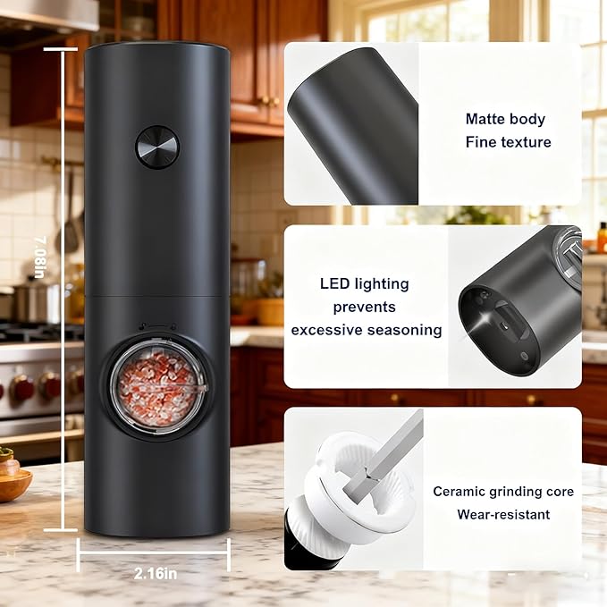Electric Salt and Pepper Grinder Set,Battery Powered Automatic Pepper Mill with Adjustable Coarseness,Seasoning Tools for Kitchen BBQ Restaurant Outdoor, Dining or Gifting