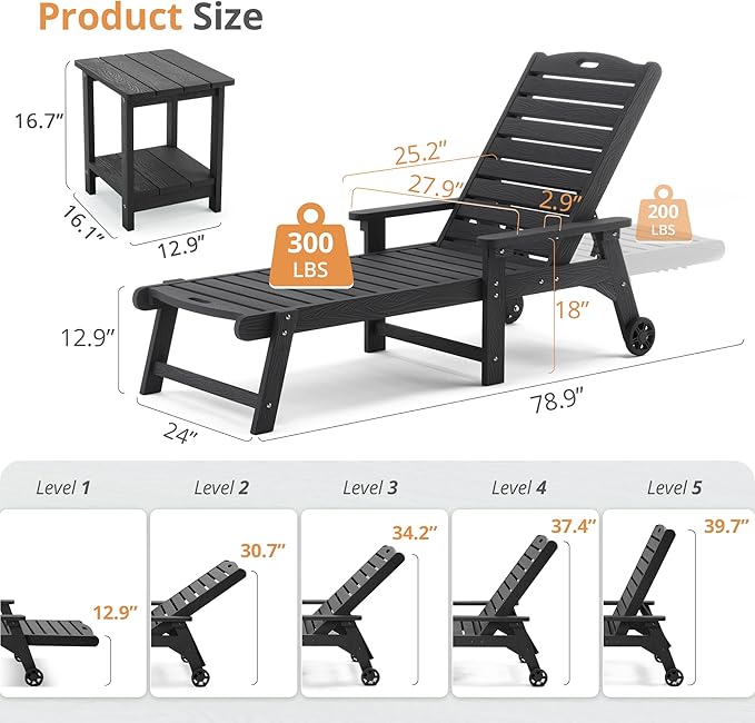 LUE BONA Chaise Lounge Chairs Set with Table, 6-Piece, 79'' Oversized HDPS Chaise Lounger, 5 Positions Adjustable Lounge Chairs, Pool Lounge Chair with Wheels for Poolside, 3 Year Warranty, Black