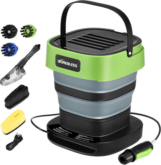 Cordless Electric Sprayer, Portable Water Sprayer with 3.2gal Water Tank, Auto-Rewind Hose Reel, Portable Cordless Pressure Washer for Cars, Bikes, Garden, Camping(2 Extra Brushes)