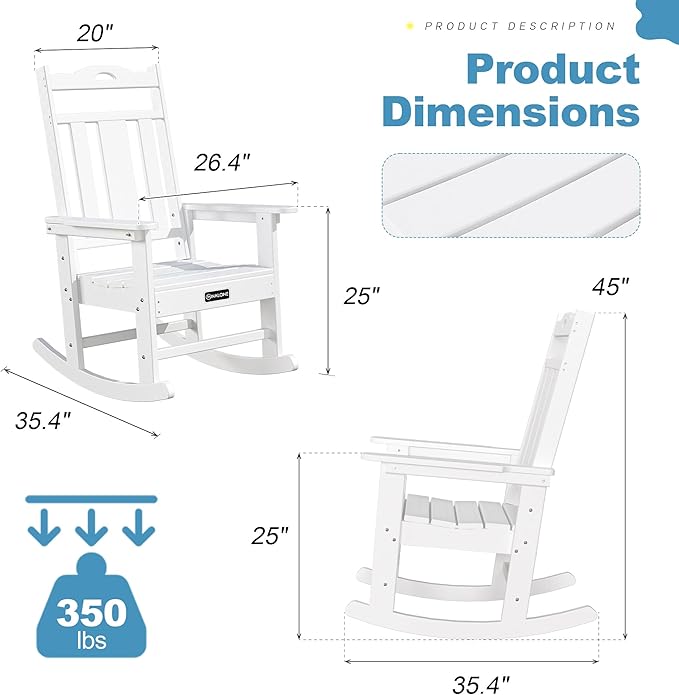 nalone Outdoor Rocking Chair, Oversized Porch Rocker Chair for Adult, All-Weather Resistant Patio Rocking Chair for Garden Lawn(White)