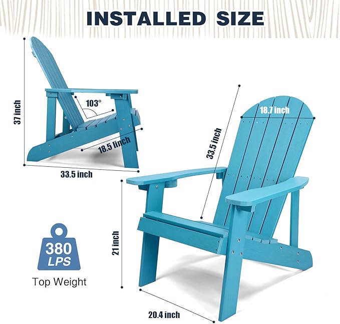 Adirondack Chairs Set of 4, All Weather Resistant Plastic Chairs with Cup Holder, 5 Easy Steps to Install, Outdoor Chairs for Patio, Garden, Backyard Deck, Lawn, Fire Pit - Lake Blue