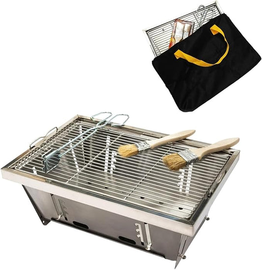 Portable Charcoal Grill Foldable with Carry Bag & Tools - Stainless Steel BBQ Set for Camping, Picnic, Patio - Compact Travel Grill Includes Brush&Tongs (Silver)