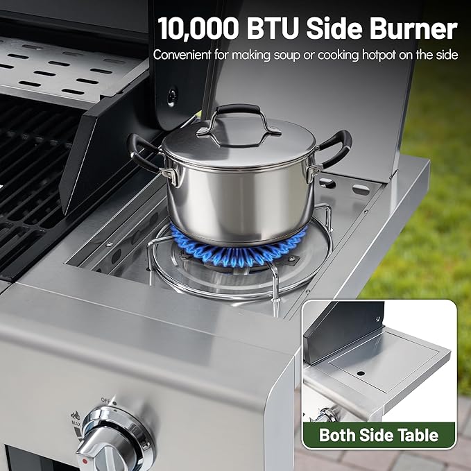 HUGROVE Propane Gas BBQ Grill with Wheels & Side Burner, 50,000 BTU Output Stainless Steel Barbecue Grill for Backyard & Outdoor Cooking Easy to Assemble (Light Gray)