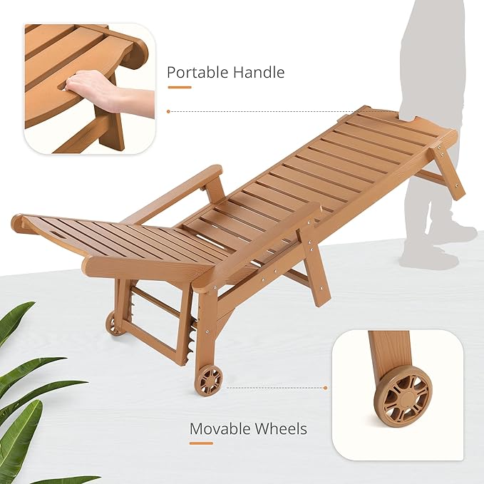 LUE BONA Outdoor Chaise Lounge, 79'' Oversized HDPS Chaise Lounger, 5 Positions Adjustable Lounge Chairs, Pool Lounge Chair with Wheels for Poolside, Backyard, 3 Year Warranty, Teak Color