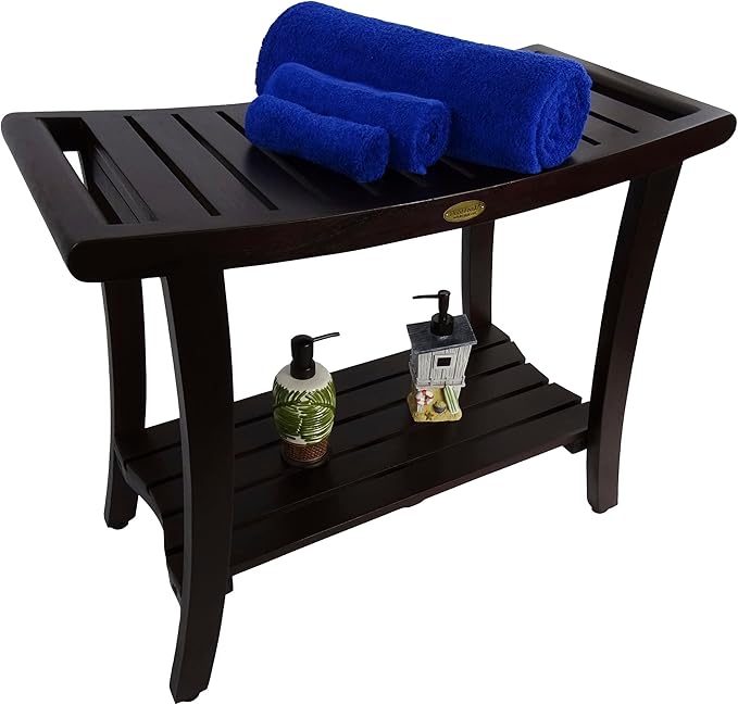 DecoTeak Harmony 30 Inch Extended Height Brown Waterproof Teak Wood Shower Bench | Provides Safety, Storage, and Organization for Bathroom Accessories