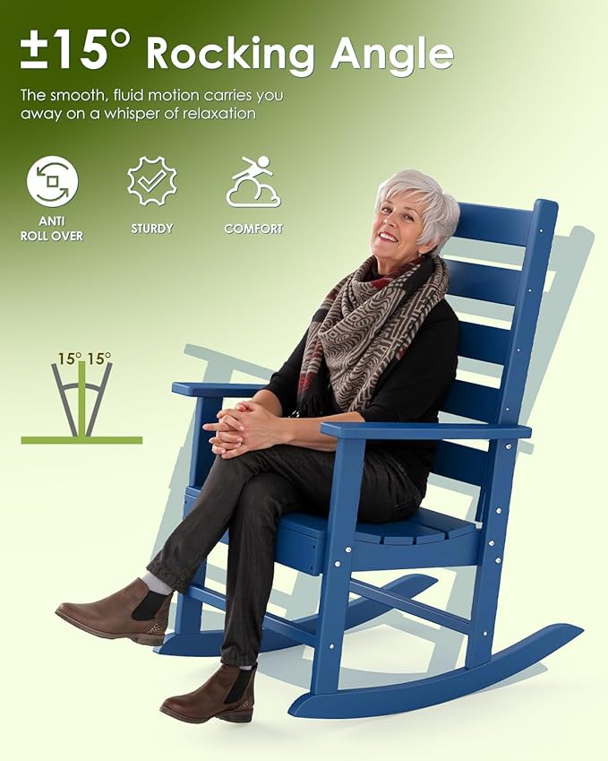 GREENVINES Outdoor-Rocking-Chair | HDPE Plastic | Patio Rockers | Porch Rocker Chairs | Shaker | Oversized | High Ladder Back | Big & Tall | PentaLuxe | Blue
