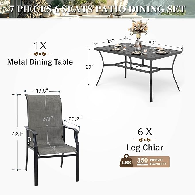 HERA'S HOUSE 7 Pieces Patio Dining Set, Outdoor Dining Set for 6, 6 x Textilene Padded Dining Chair, 1 x Rectangular Large Surface Metal Dining Table, for Lawn Garden Backyard