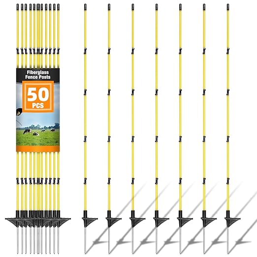 48 Inch/4 FT Fiberglass Step-in Electric Fence Posts – 5 Clips, Holds Wire, Poly Tape, and Poly Rope, Livestock Control | Lightweight, Anti-Rotation
