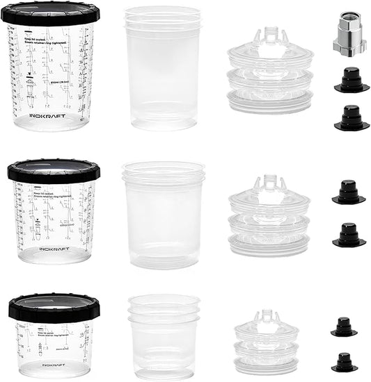 InoKraft Disposable Paint Spray Gun Cup, 3 Cup Size 6 oz, 22 oz, 28 oz Variety Pack Set, 3 Pack Liners and Lid Strainers of Each Size, 3 Hard Cups, Paint System for HVLP LVLP Spray Gun with Adapter