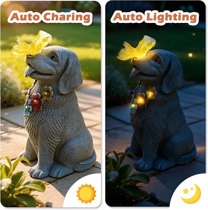 Loyal Puppy Garden Statue with Solar Butterfly Light - Adorable Dog Figurine with Flower Garland - Outdoor Decor for Patio & Pet Memorial Gift - Christmas Housewarming Birthday Gifts for Grandma Mom
