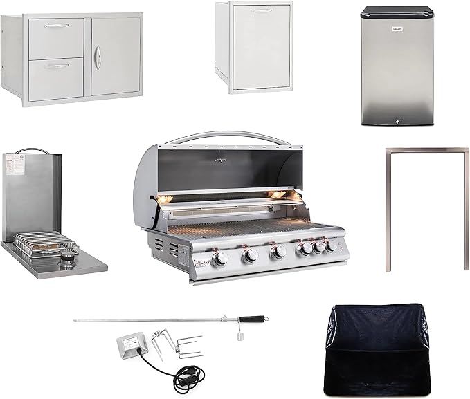 BLAZE BBQ Outdoor Grill Package 4 of 40” LTE Built-in Natural Gas Grill, Dop-In Single Side Burner, 32” Door & Two Drawers Combo, Double Trash Drawer, 20” Compact Refrigerator, and Accessories