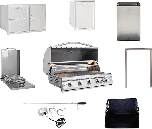 BLAZE BBQ Outdoor Grill Package 4 of 40” LTE Built-in Natural Gas Grill, Dop-In Single Side Burner, 32” Door & Two Drawers Combo, Double Trash Drawer, 20” Compact Refrigerator, and Accessories