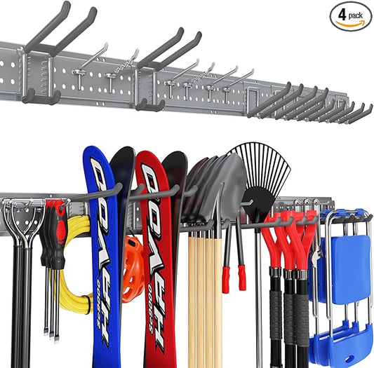 Garage Tool Organizer Wall Mount 64 inches with 13 Adjustable Heavy-Duty Hooks, Garage Organization, Garden Tool Storage Rack, Yard, and Shed, Holds Up to 520 lbs (Grey)