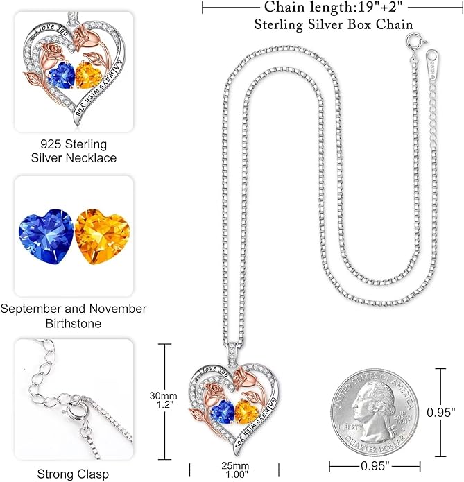 Iefil Christmas Gifts for Women Wife - 925 Sterling Silver Rose Heart Birthstone Necklace Birthday Anniversary Jewelry Gifts for Her Wife Mom Daughter