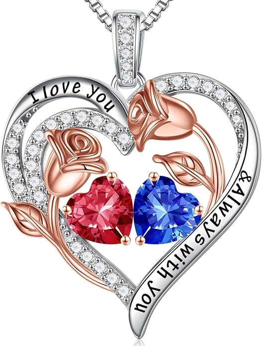 Iefil Christmas Gifts for Women Wife - 925 Sterling Silver Rose Heart Birthstone Necklace Birthday Anniversary Jewelry Gifts for Her Wife Mom Daughter