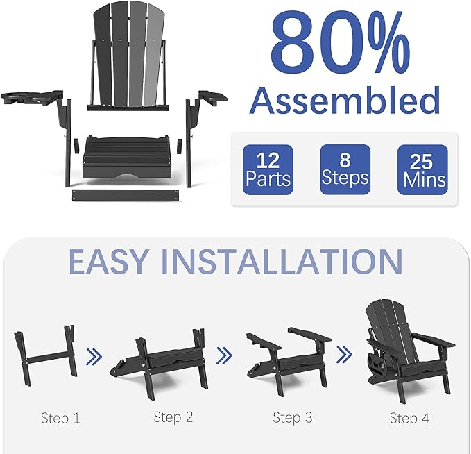 FOOWIN Adirondack Chair with Retractable Ottoman,HDPE Folding Adjustable Adirondack Chair w/4 in 1 Cup Holder Trays,All-Weather Resistant Fire Pit Chair for Outdoor Patio Lawn Set of 8