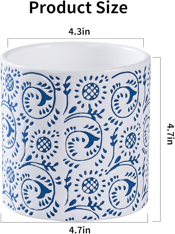 Ceramic Plant Pot for Indoor Plants, 4.7 Inch Boho Flower Pot with Drainage Holes, Modern Planter for Home & Office Decor(Blue)