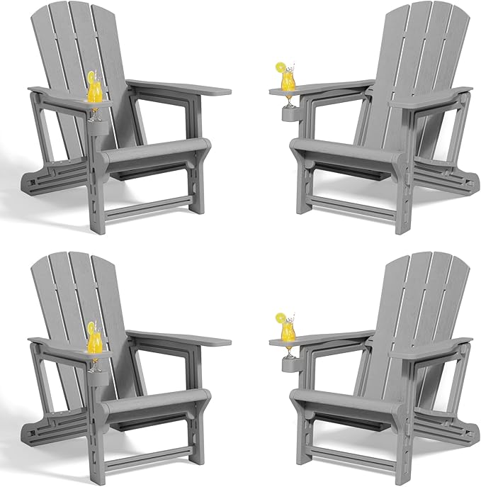 FONTOI Adirondack Chairs Set of 4,Adirondack Chair with Cup Holders,Wooden Textured Plastic Fire Pit Chair,All-Weather Outdoor Patio Chairs for Lawn,Backyard Deck, Porch,400LBS Heavy-Duty，Gray
