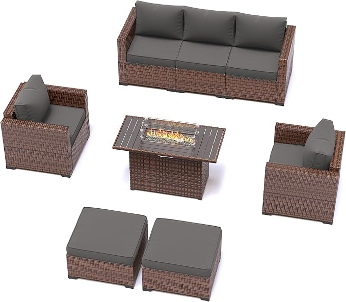 UDPATIO Patio Furniture Set with 44" Fire Pit Table, 6 Pieces Outdoor Conversation Sectional Furniture Sets Wicker Rattan Outdoor Sofa Ottoman with Waterproof Covers for Porch Deck Backyard Grey