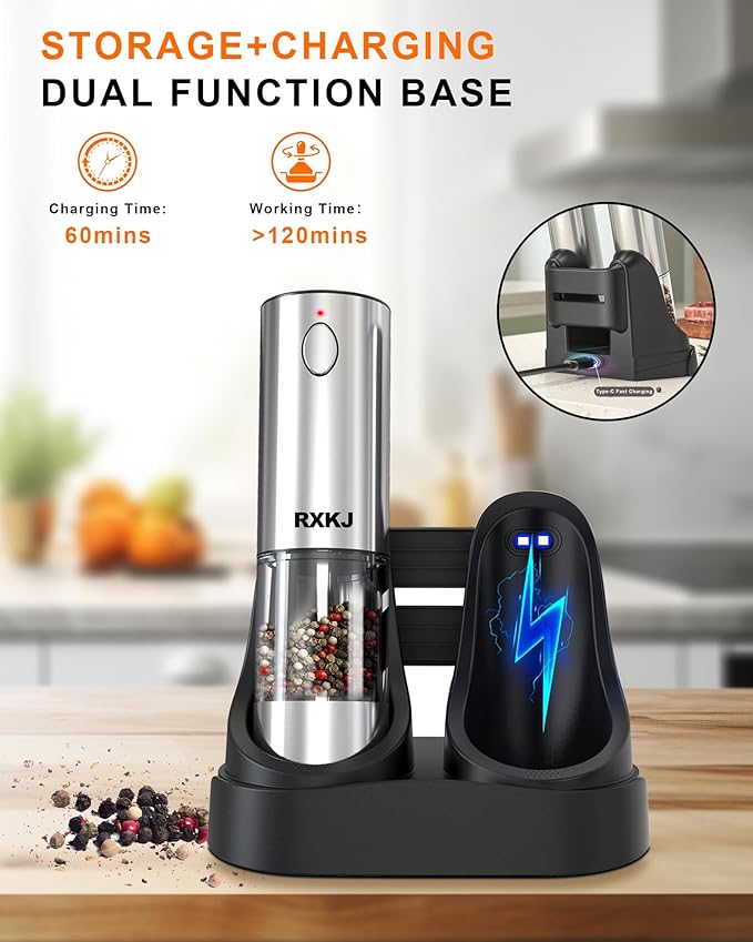 Electric Salt and Pepper Grinder Set, Stainless Steel Automatic Pepper Grinder with Upgraded Charge Base and LED Light, Adjustable Coarseness, Rechargeable Sea Salt Spice Mill Set, Ideal for Kitchen