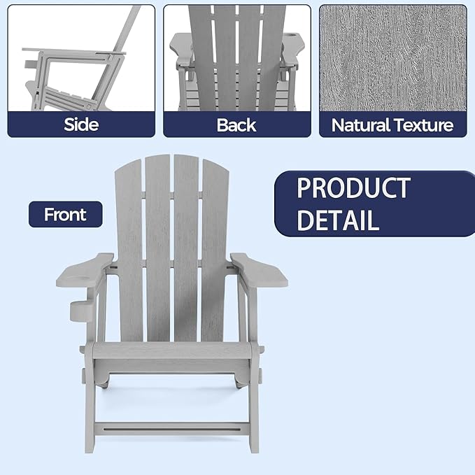 Adirondack Chair Set of 2, HDPE Weather Plastic Adirondack Chairs, Fire Pit Chairs with Cup Holder, Outdoor Lawn Chair for Patio, Garden, Backyard, Grey
