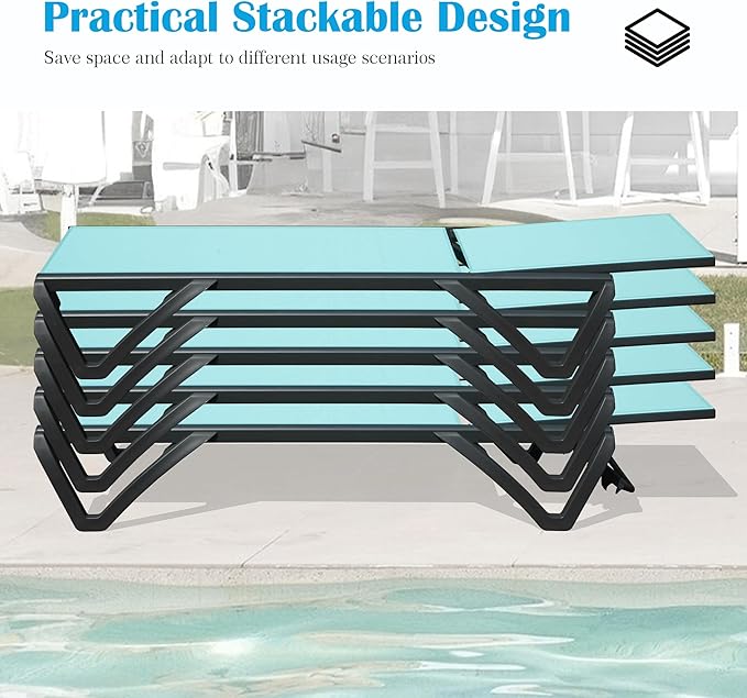 Domi Outdoor Lounge Chair, Aluminum Plastic Patio Chaise Lounge with Side Table & 5 Position Adjustable Backrest & Wheels, All Weather Reclining Chair for Outside Beach Poolside Lawn, Lake Blue