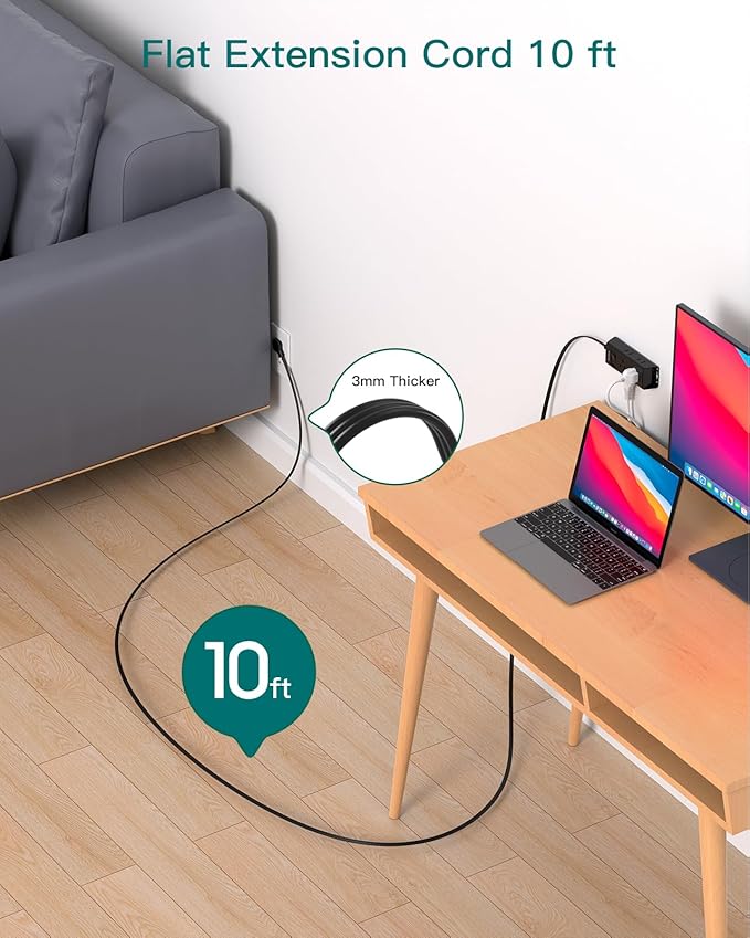Flat Extension Cord 10 ft - Addtam Flat Plug Power Strip with 6 Outlets Extender, No Surge Protector for Cruise Ship, Dorm Room Travel Essentials, Black