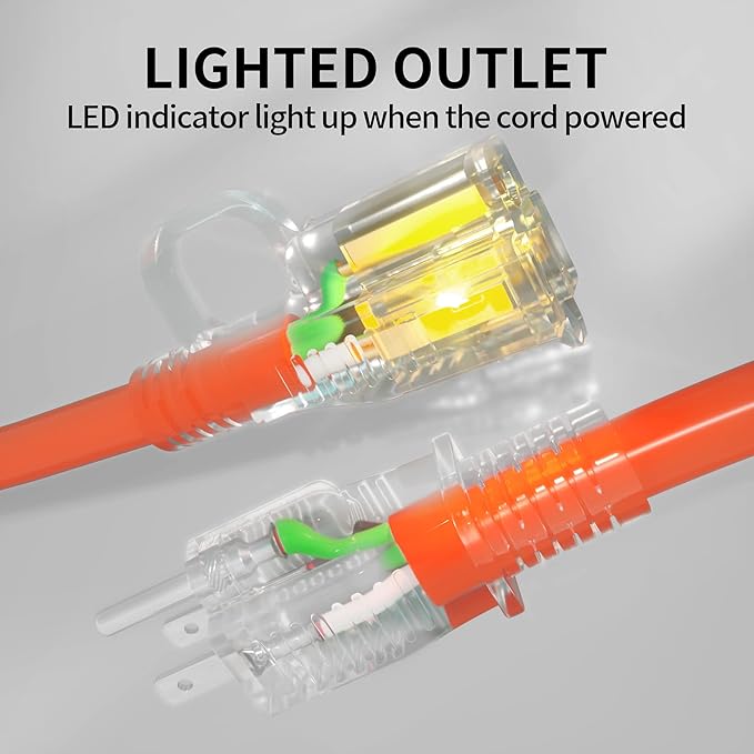 POWGRN 10 ft 12/3 Outdoor Extension Cord Waterproof Heavy Duty with Lighted Indicator End 12 Gauge 3 Prong, Flexible Cold-Resistant Long Power Cord Outside, 15Amp 1875W SJTW Orange ETL Listed