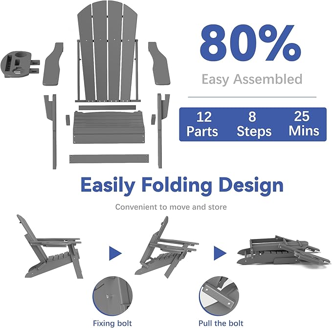 FOOWIN Folding Adjustable Adirondack Chair Set of 6,HDPE Adirondack Chair w/4 in 1 Cup Holder Trays,All-Weather Resistant Fire Pit Chair, Outdoor Chair for Patio Lawn Poolside,400lbs,Dark Grey
