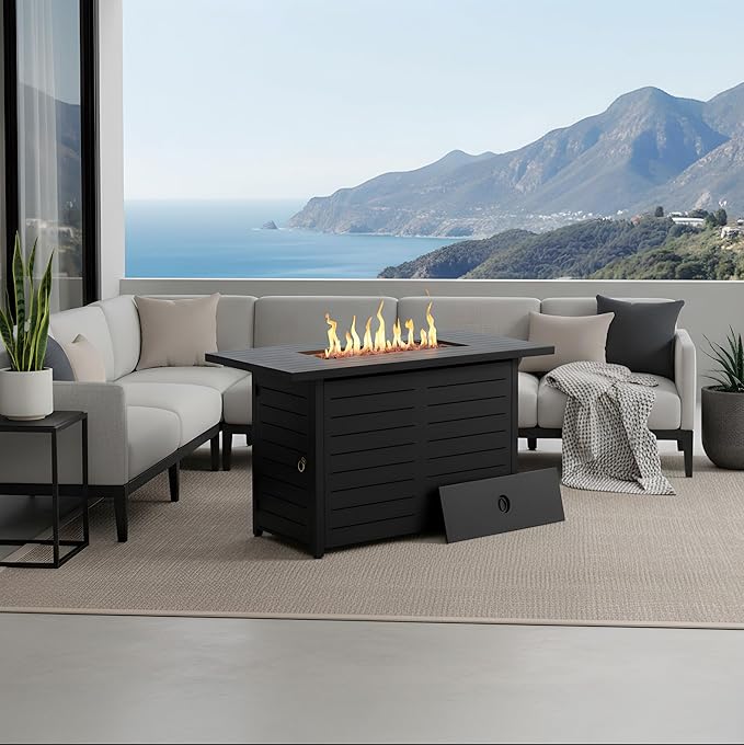 Kinger Home 42-Inch Ore Outdoor Propane Fire Pit Table 50000 BTU, CSA Certified, Powder-Coated Stainless Steel Patio Firepit with Lava Rocks, Black