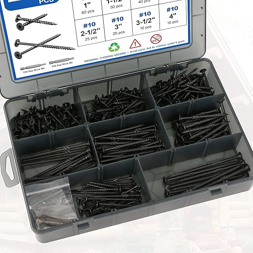 240Pcs Deck Screws, #8 Wood Screws Assortment Kit, 5Sizes Assorted Screw Set, Rust Resistant Torx Screws with Flat Head, Black Screw Kit for Woodworking Projects, Star Bit Included